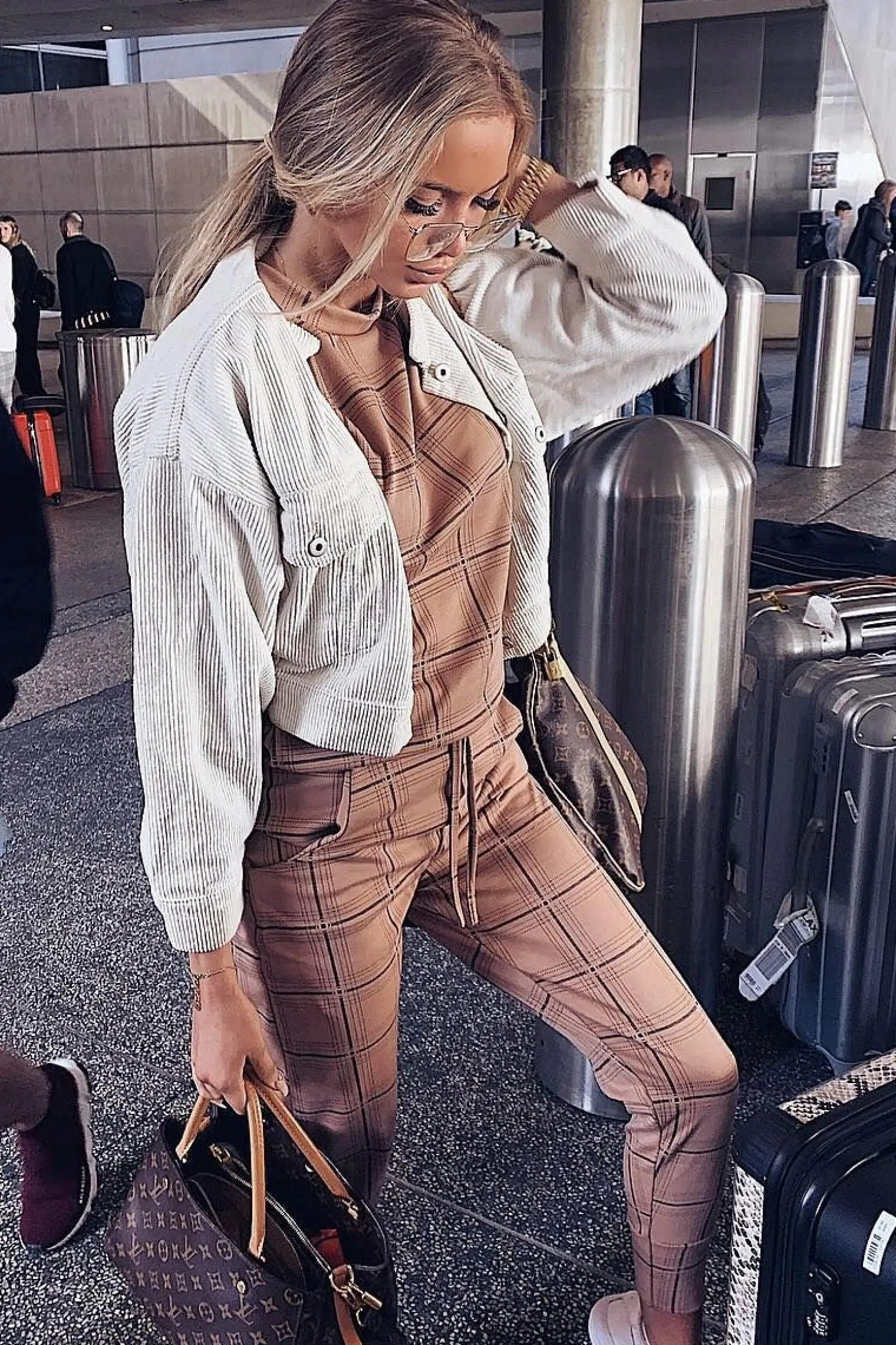 Rebellious Fashion Beige Check Short Sleeve Top and Jogger Set - Aimy