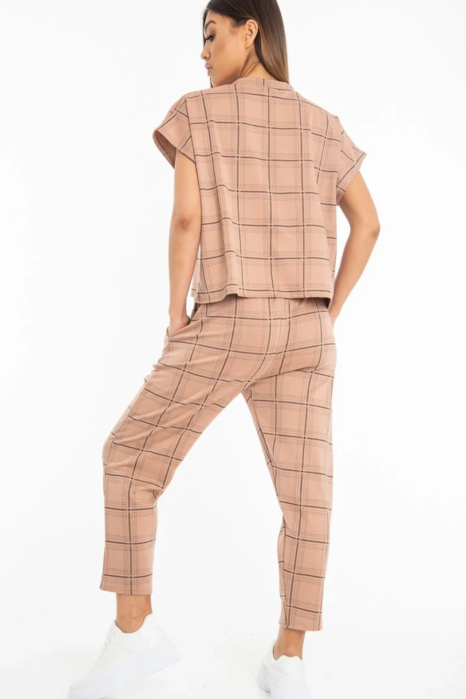 Rebellious Fashion Beige Check Short Sleeve Top and Jogger Set - Aimy