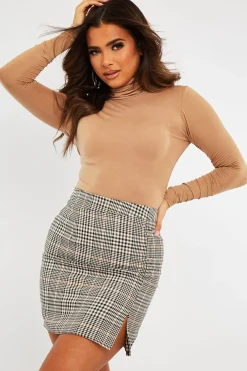 Rebellious Fashion Beige Check Side Split Mini Skirt - Clare
