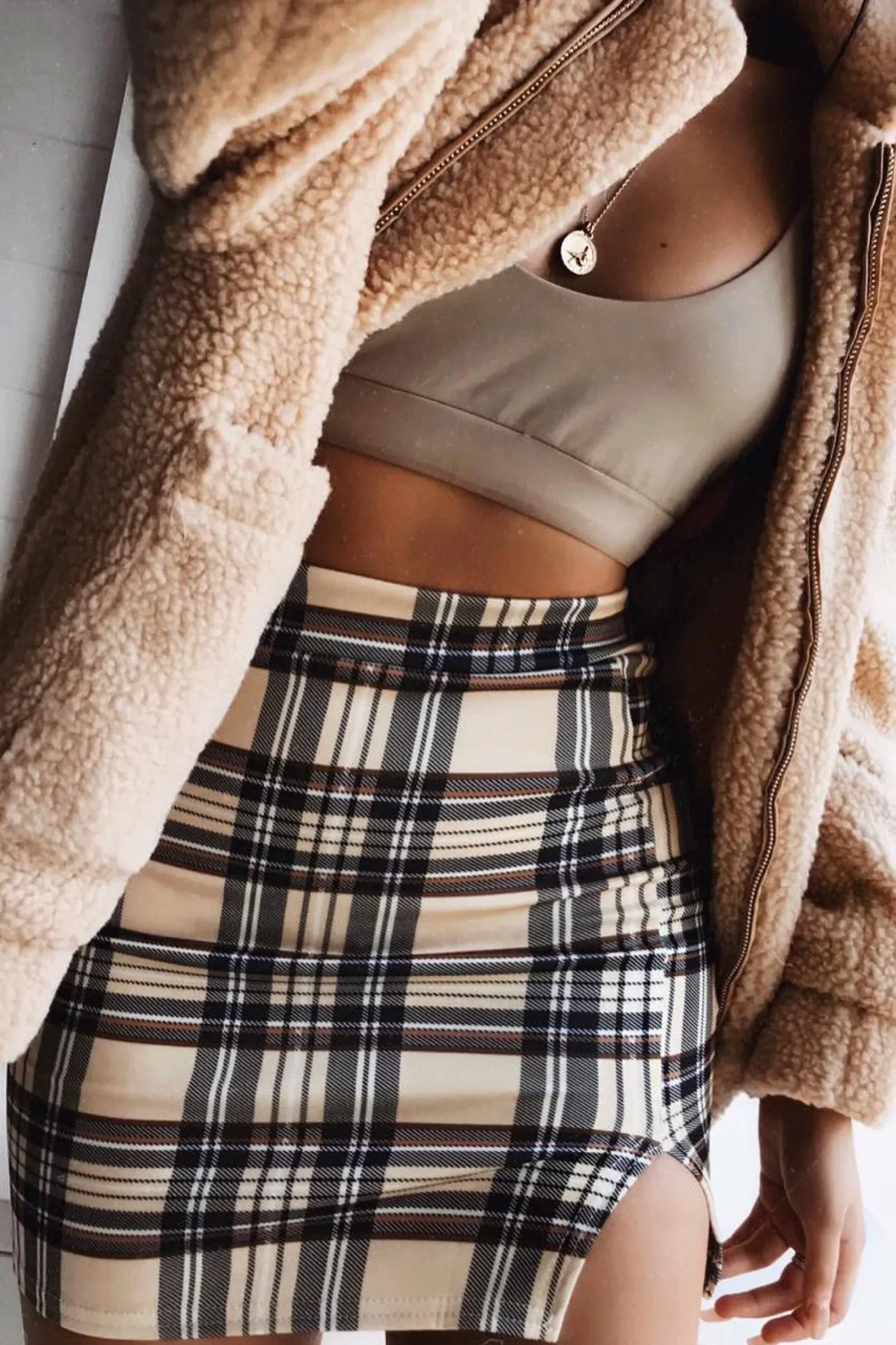 Rebellious Fashion Beige Check Side Split Skirt - Zelle