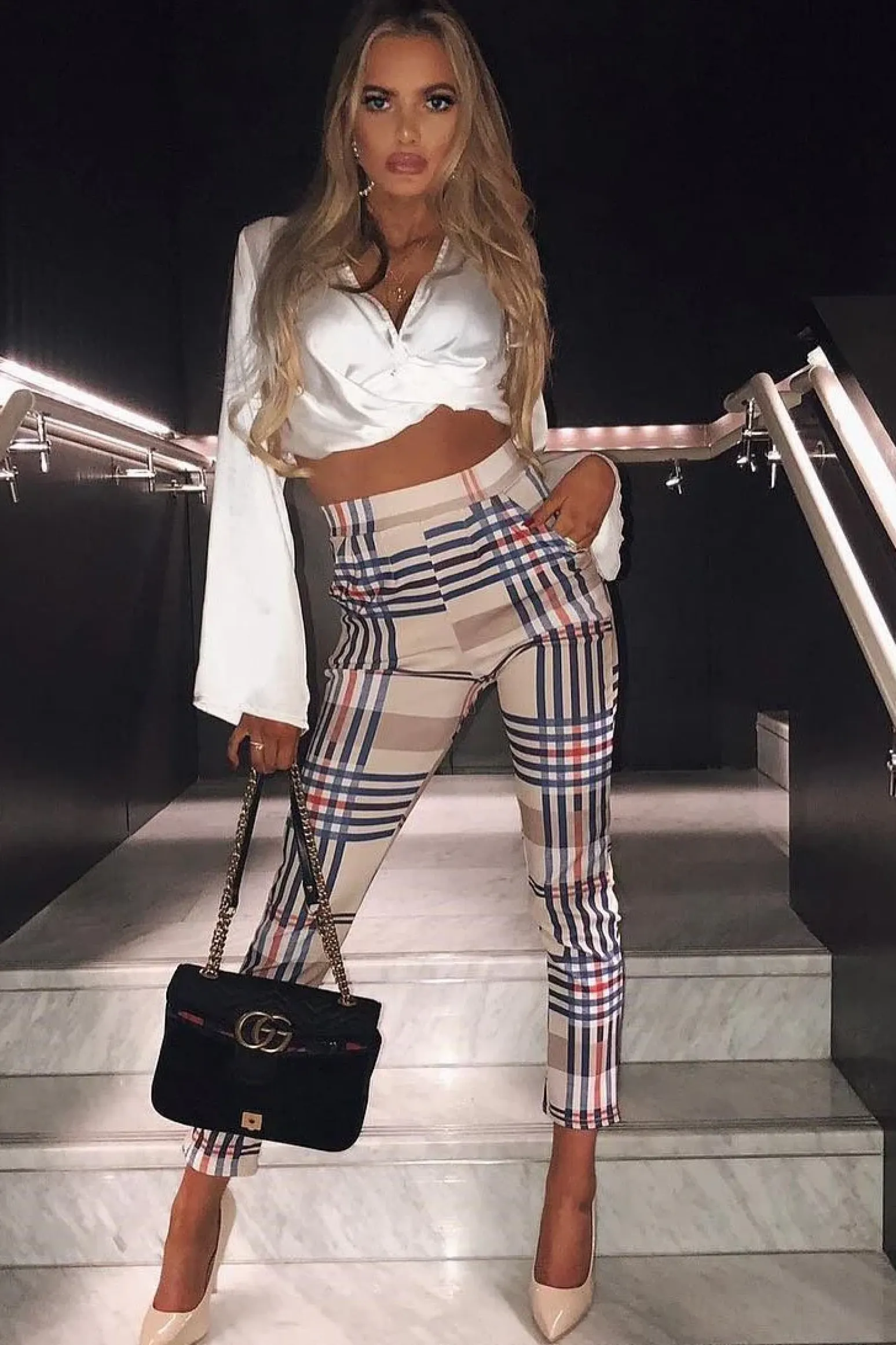 Rebellious Fashion Beige Check Tapered Trousers - Jasmyn
