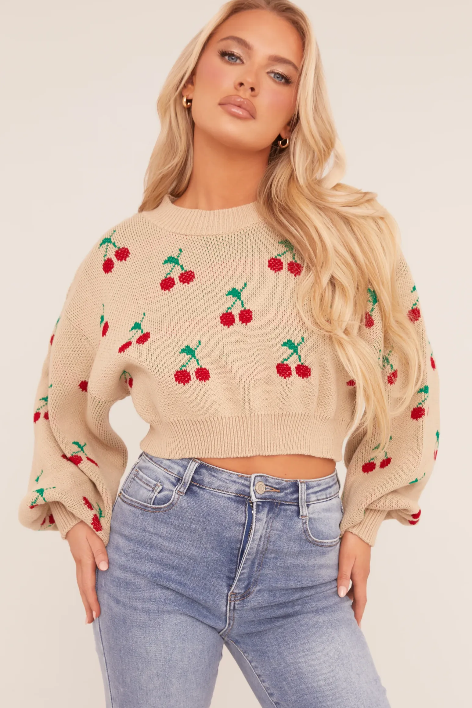 Rebellious Fashion Beige Cherry Print Cropped Jumper - Emaline