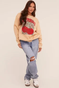 Rebellious Fashion Beige Cherry Print Oversized Sweatshirt - Kellin