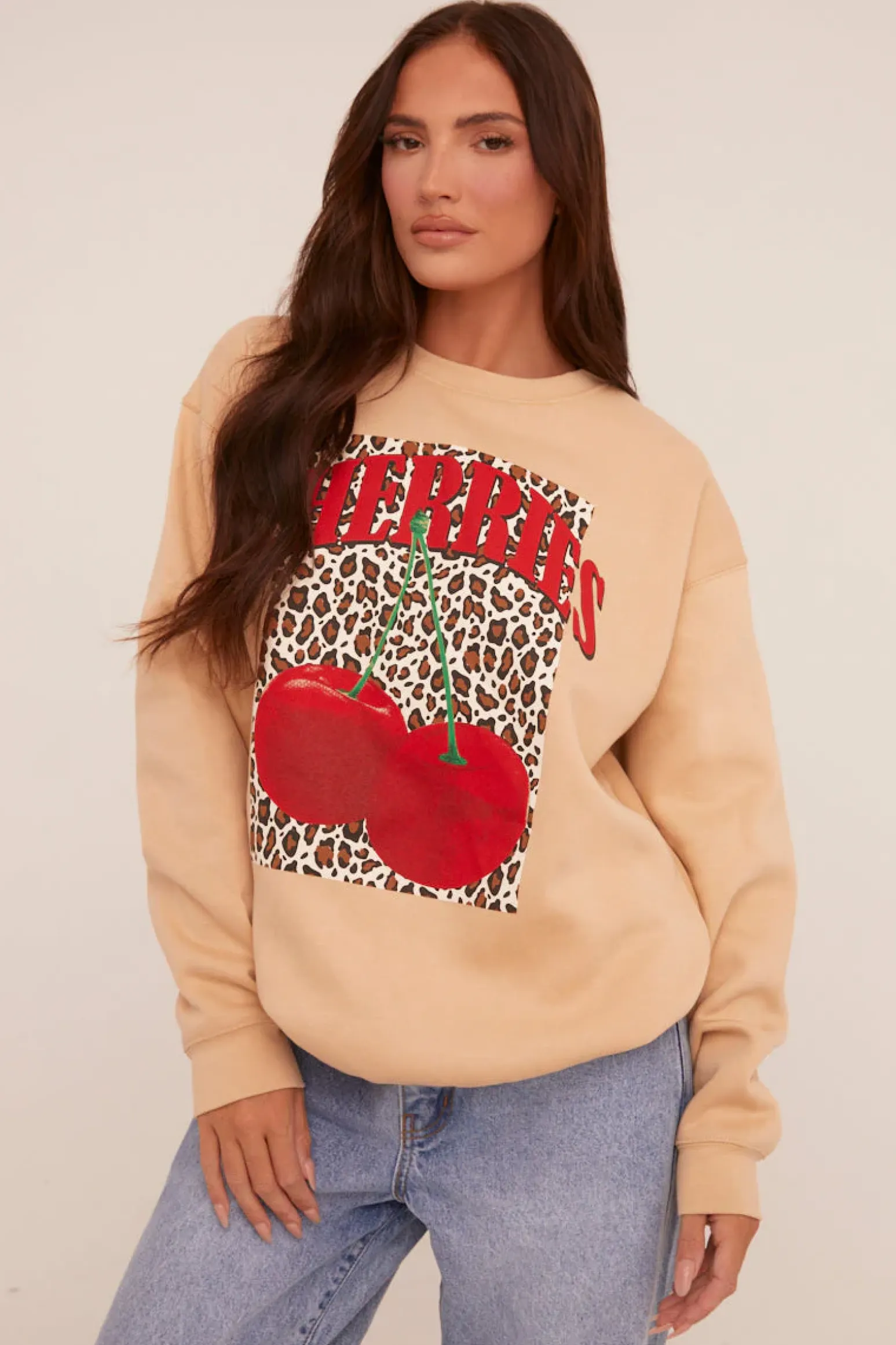 Rebellious Fashion Beige Cherry Print Oversized Sweatshirt - Kellin