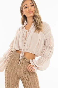Rebellious Fashion Beige Chiffon Balloon Sleeve Crop Tie Front Blouse - Amelia