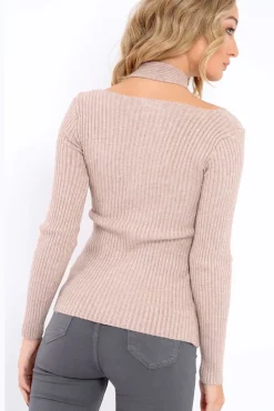 Rebellious Fashion Beige Choker Twist Knit Jumper - Maya