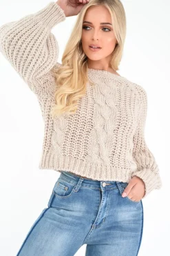 Rebellious Fashion Beige Chunky Knit Balloon Sleeve Jumper - Rielynn