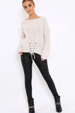 Rebellious Fashion Beige Chunky Knit Corset Waist Knitted Jumper - Mikayla