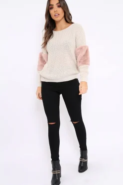 Rebellious Fashion Beige Chunky Knit Jumper with Rose Fur Sleeve - Kimberly