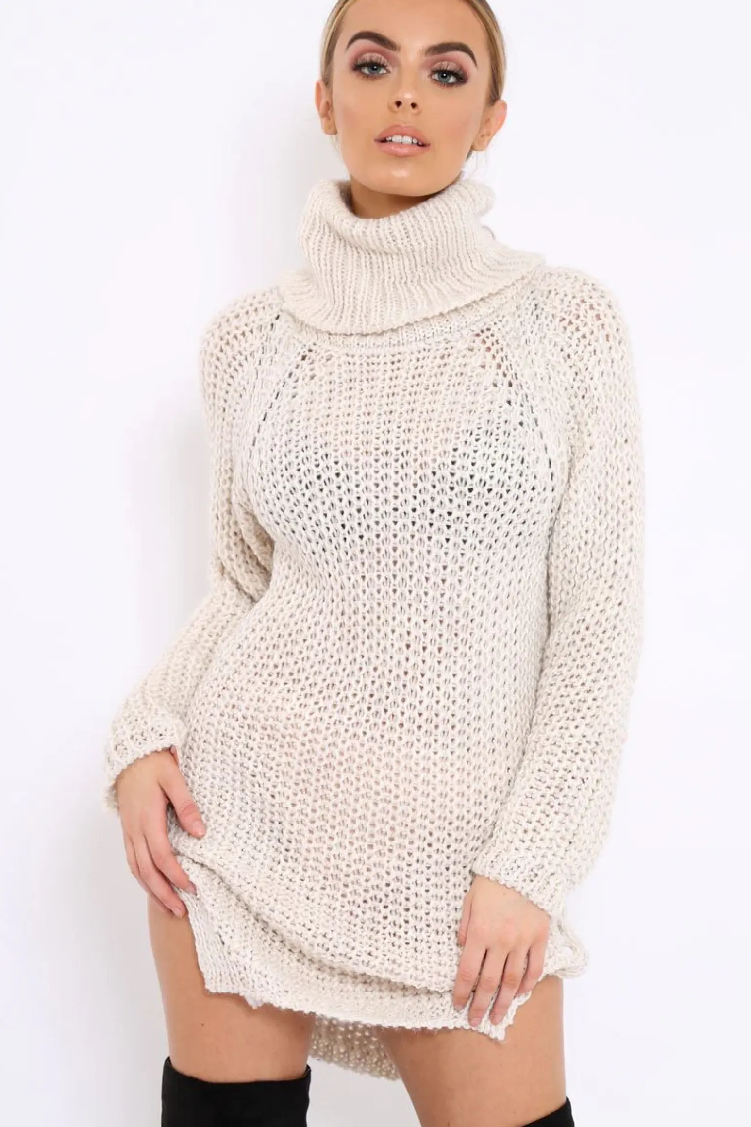 Rebellious Fashion Beige Chunky Knit Roll Neck Cut Out Hem Jumper Dress - Catalina