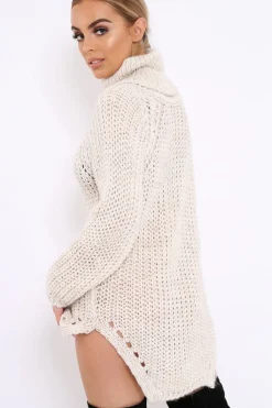 Rebellious Fashion Beige Chunky Knit Roll Neck Cut Out Hem Jumper Dress - Catalina