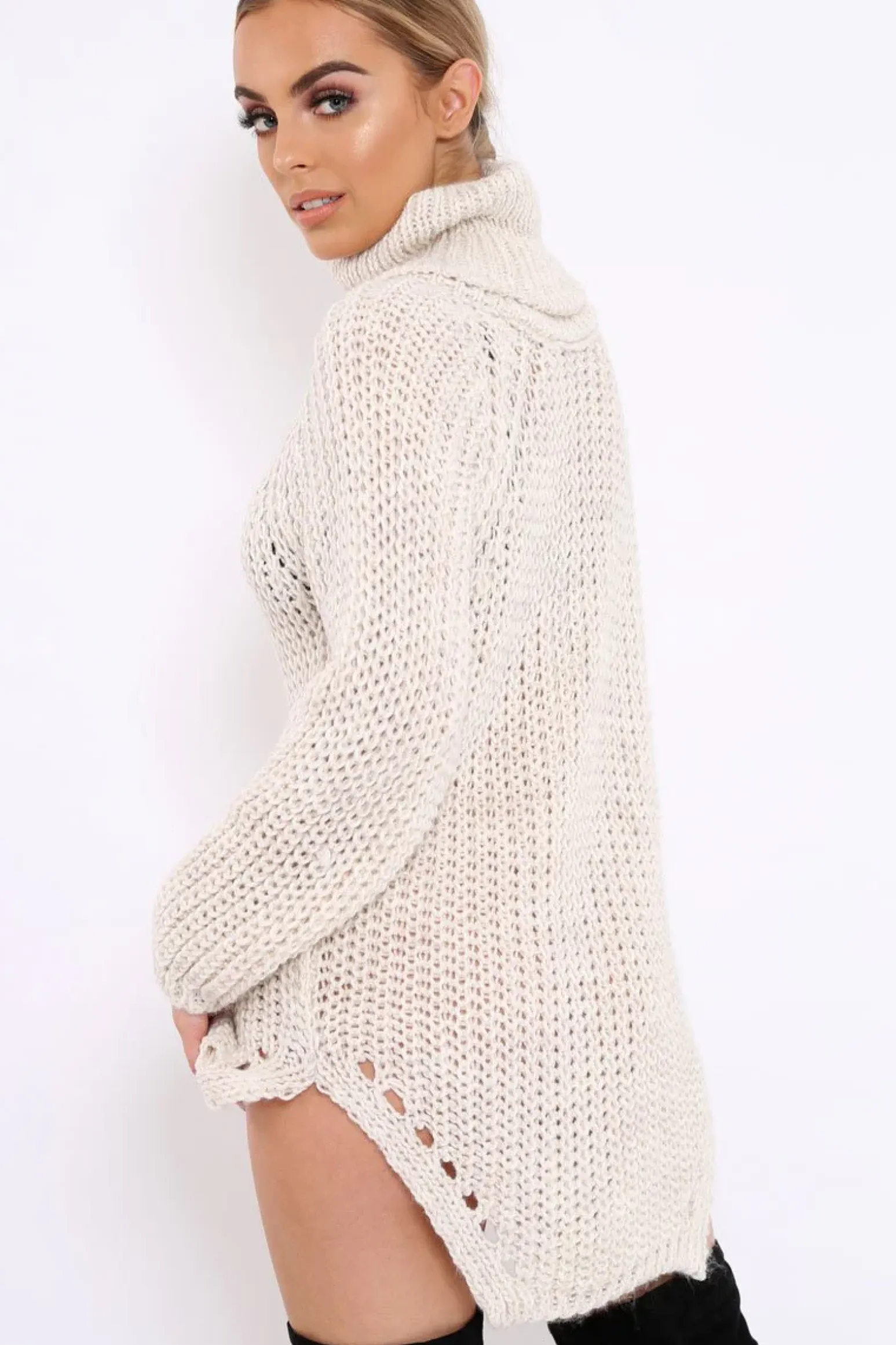 Rebellious Fashion Beige Chunky Knit Roll Neck Cut Out Hem Jumper Dress - Catalina