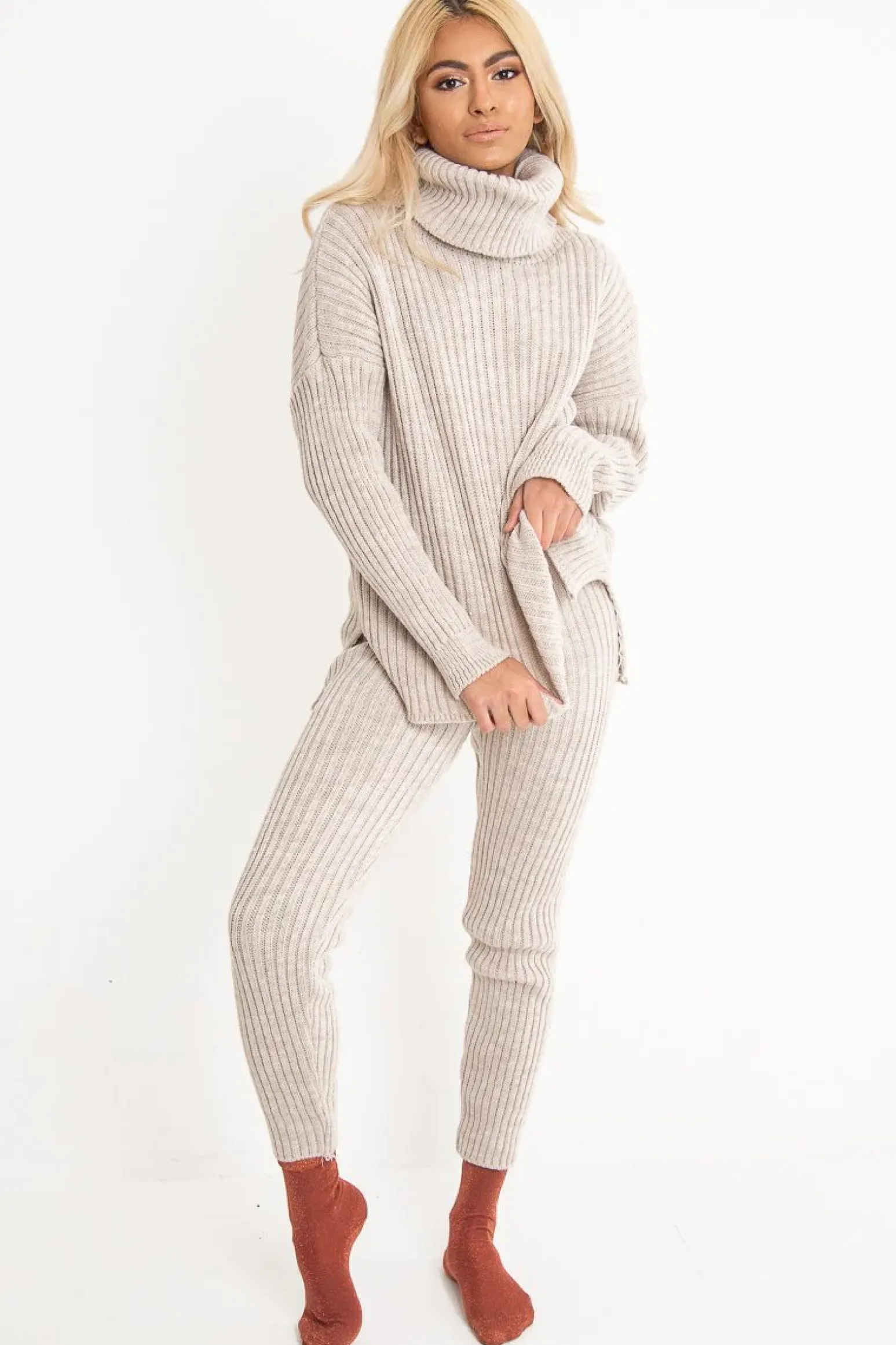 Rebellious Fashion Beige Chunky Knit Roll Neck Loungewear Co-Ord - Imara