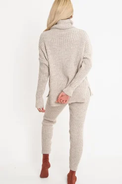 Rebellious Fashion Beige Chunky Knit Roll Neck Loungewear Co-Ord - Imara