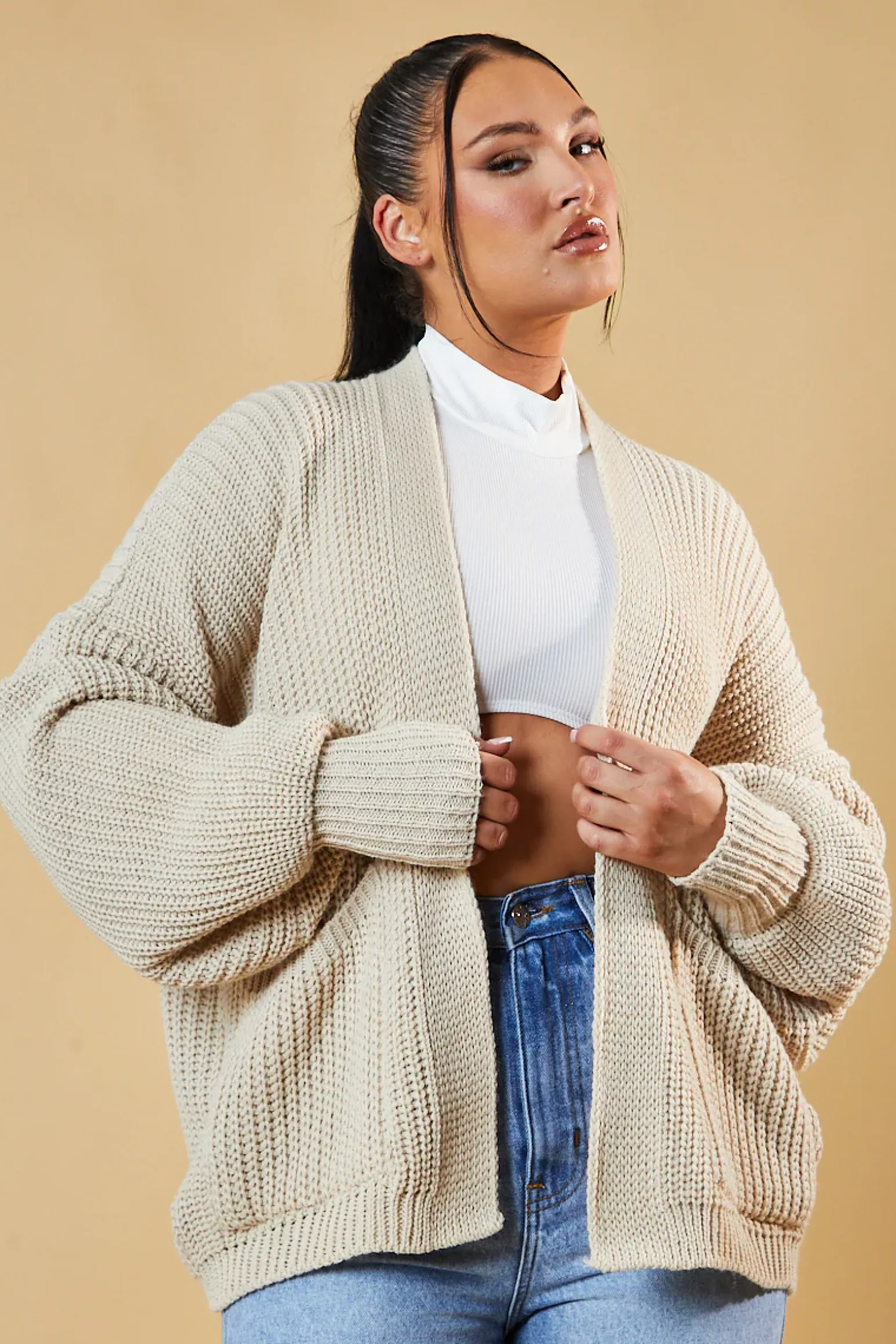 Rebellious Fashion Beige Chunky Knit Slouchy Cardigan - Daisy
