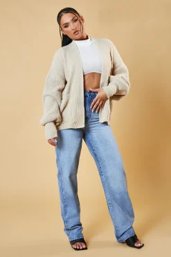 Rebellious Fashion Beige Chunky Knit Slouchy Cardigan - Daisy