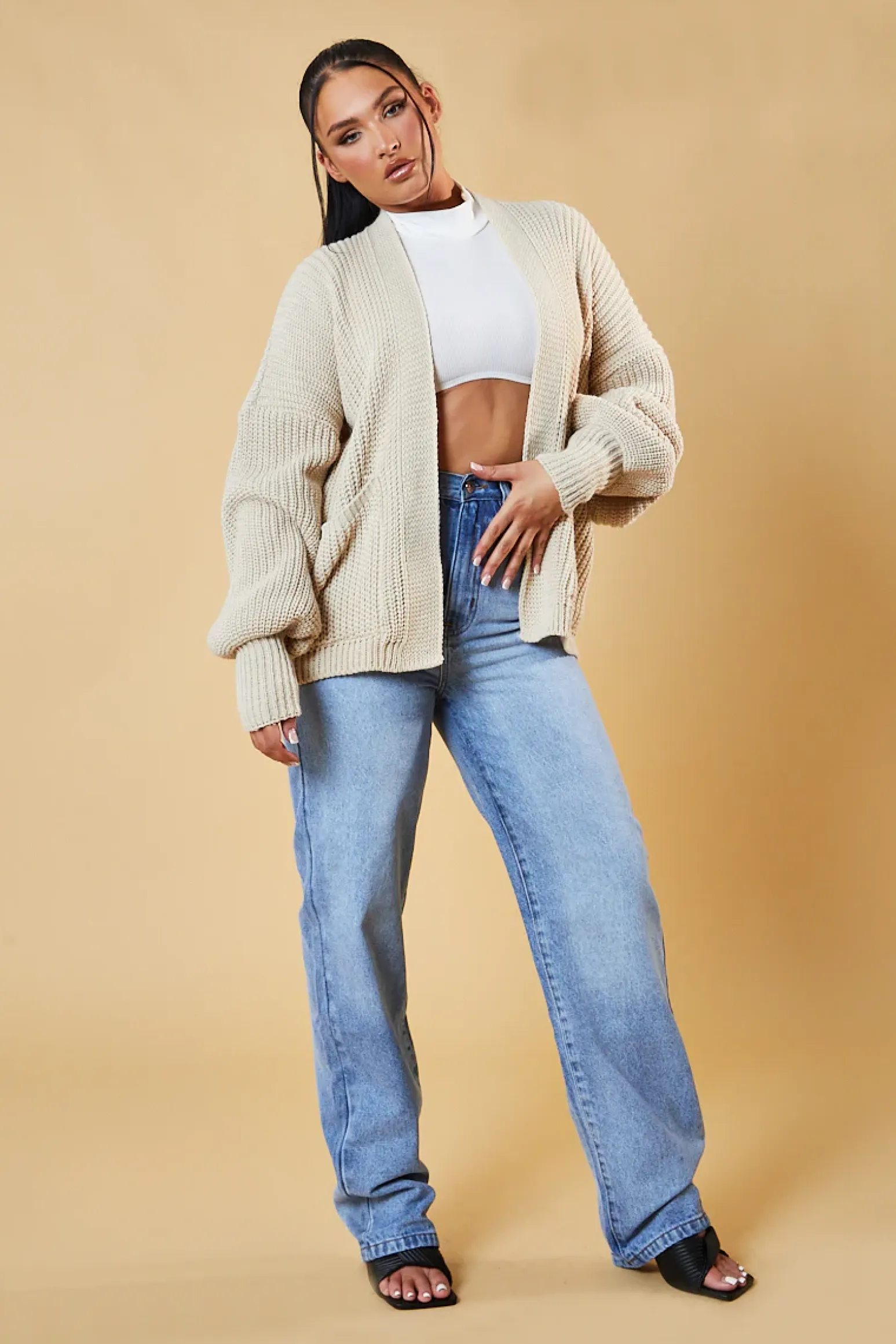 Rebellious Fashion Beige Chunky Knit Slouchy Cardigan - Daisy