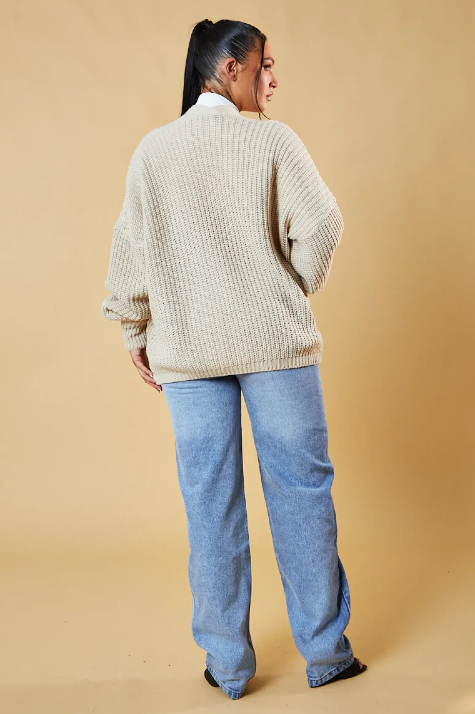 Rebellious Fashion Beige Chunky Knit Slouchy Cardigan - Daisy