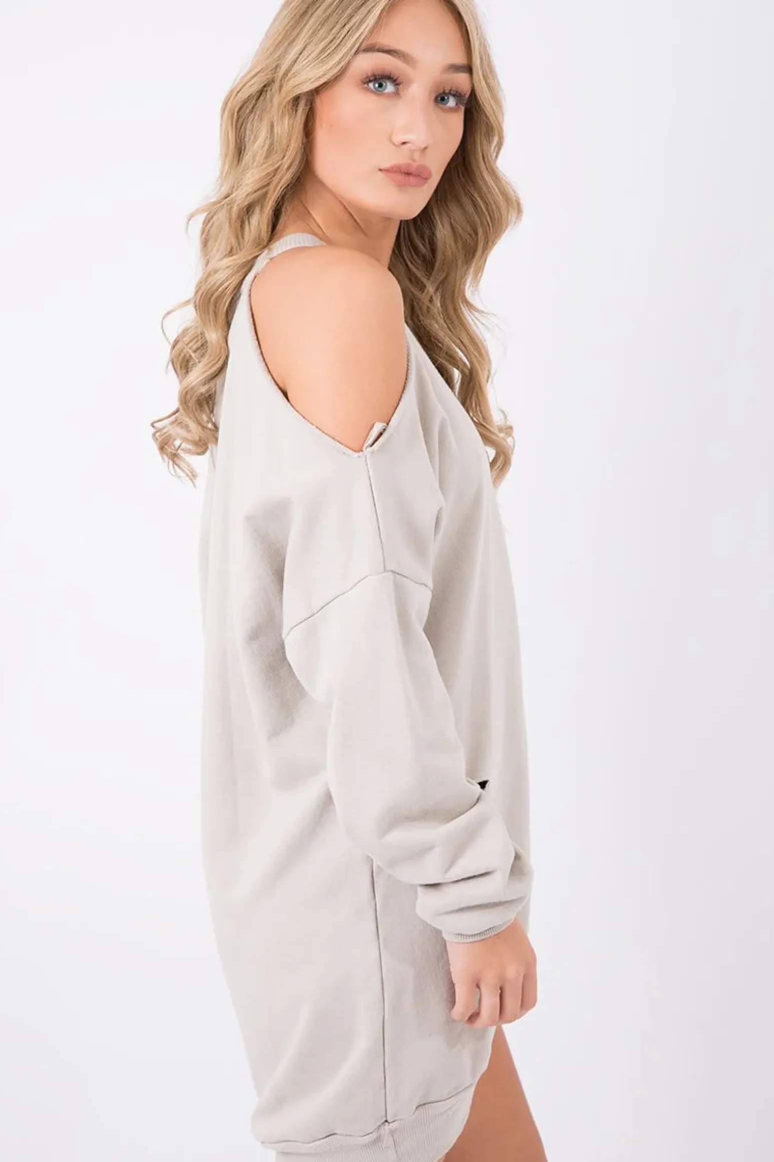 Rebellious Fashion Beige Cold Shoulder Distressed Jumper Dress - Kylie