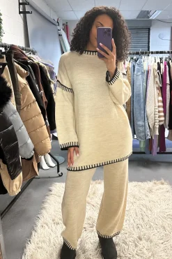 Rebellious Fashion Beige Contrast Stitch Knitted Co-ord Set - Storm