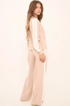 Rebellious Fashion Beige Contrast Stripe Round Neck Long Sleeves Top & Straight Leg Trousers Co-ord Set - Ursula