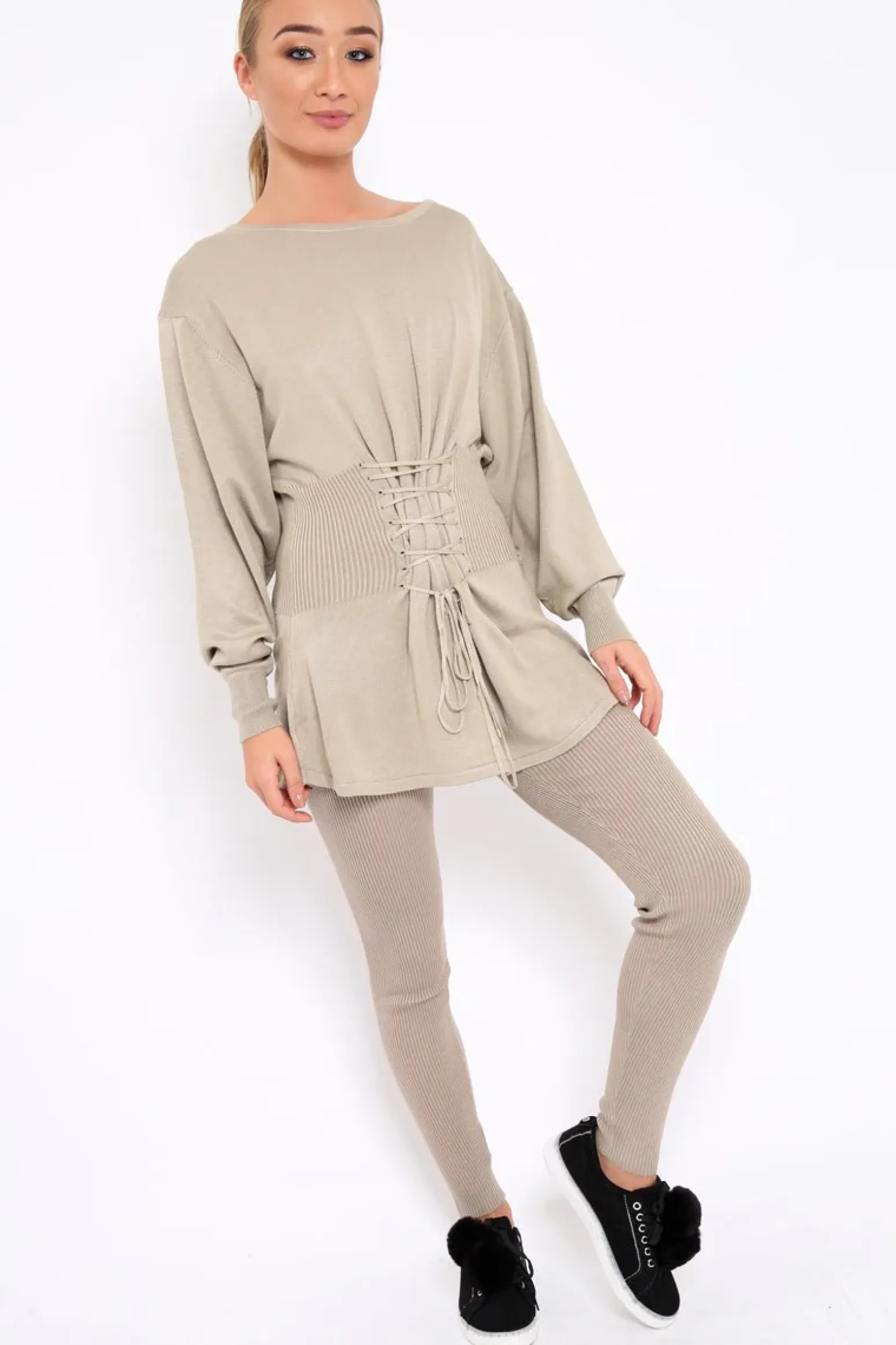 Rebellious Fashion Beige Co-ord with Corset Waist Tie Detail - Laurel
