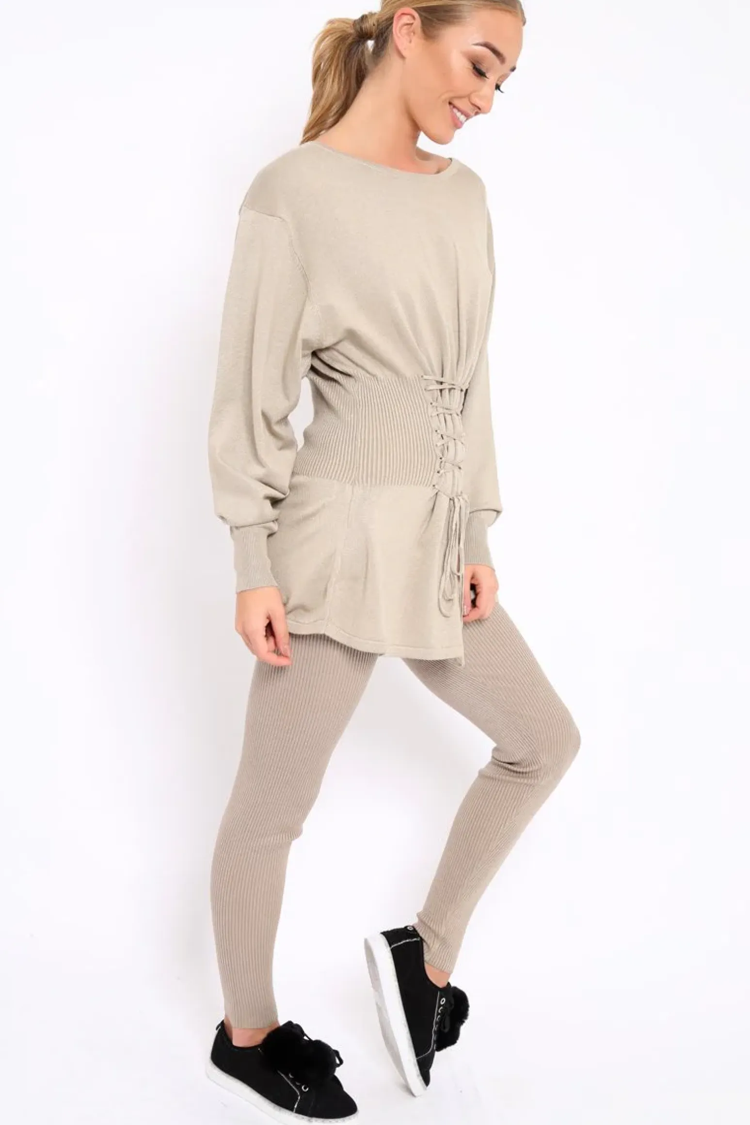 Rebellious Fashion Beige Co-ord with Corset Waist Tie Detail - Laurel