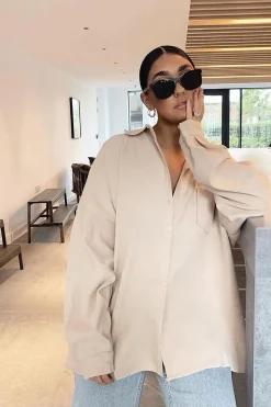 Rebellious Fashion Beige Corduroy Button Front Oversized Shirt - Kyrah