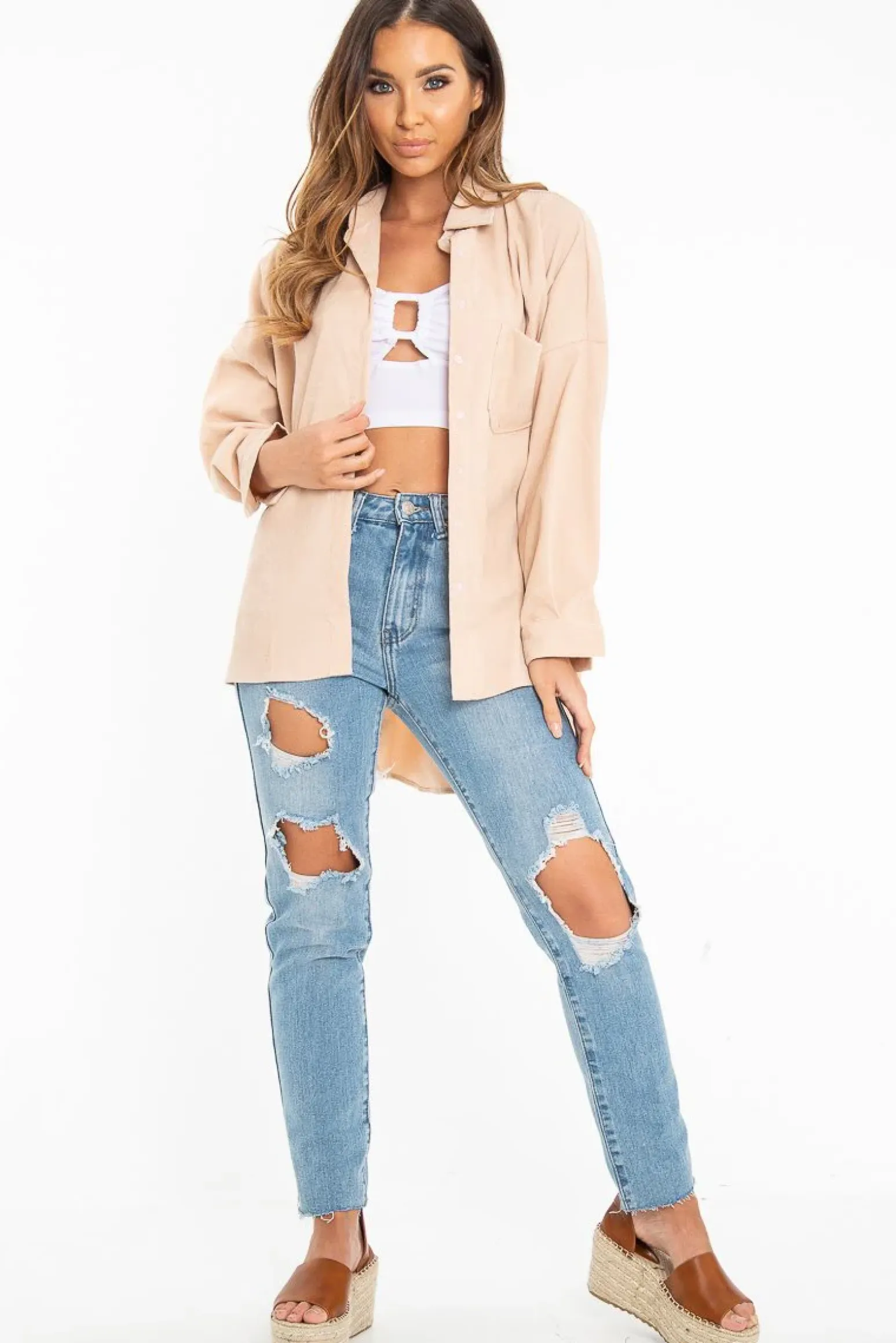 Rebellious Fashion Beige Corduroy Button Front Oversized Shirt - Kyrah