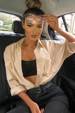 Rebellious Fashion Beige Corduroy Button Front Oversized Shirt - Kyrah