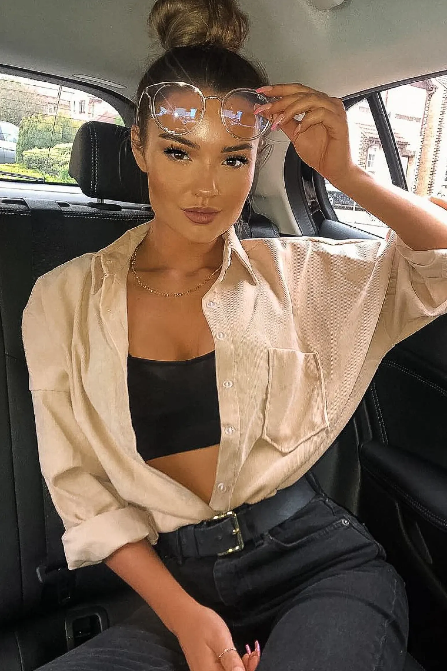 Rebellious Fashion Beige Corduroy Button Front Oversized Shirt - Kyrah