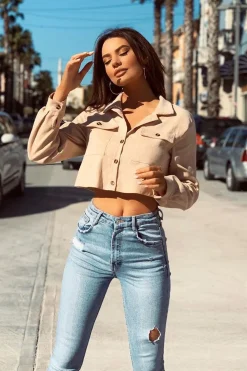 Rebellious Fashion Beige Corduroy Utility Pocket Cropped Shirt - Eliora