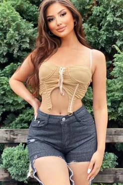 Rebellious Fashion Beige Corset Lace Front Crop Top - Huda