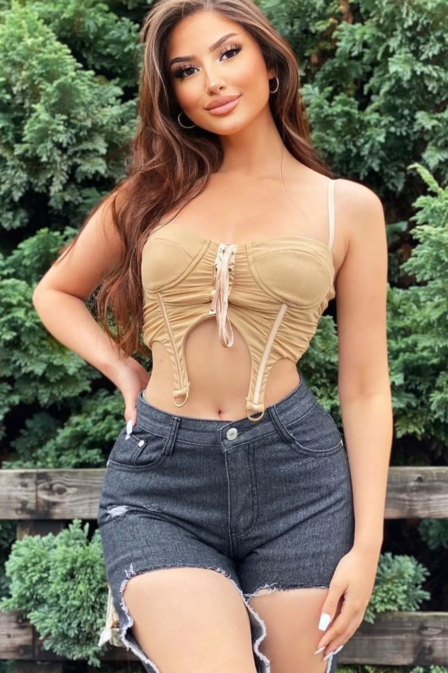 Rebellious Fashion Beige Corset Lace Front Crop Top - Huda