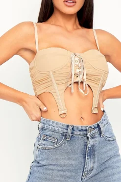Rebellious Fashion Beige Corset Lace Front Crop Top - Huda