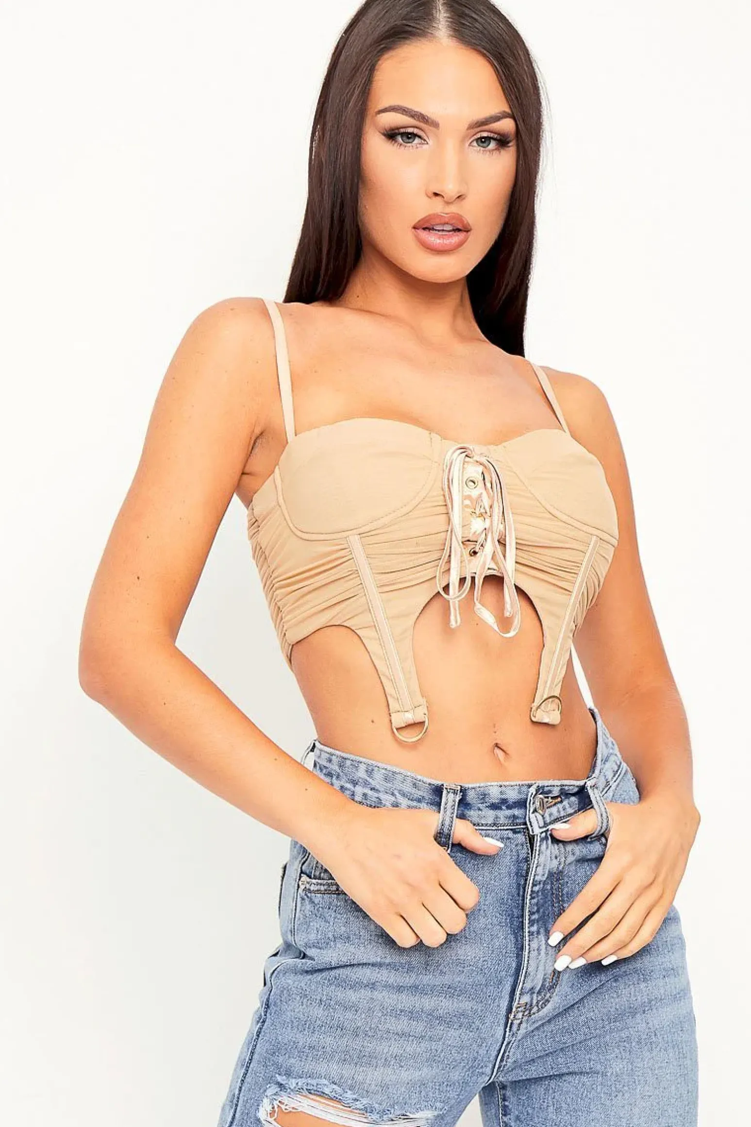 Rebellious Fashion Beige Corset Lace Front Crop Top - Huda