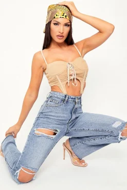 Rebellious Fashion Beige Corset Lace Front Crop Top - Huda