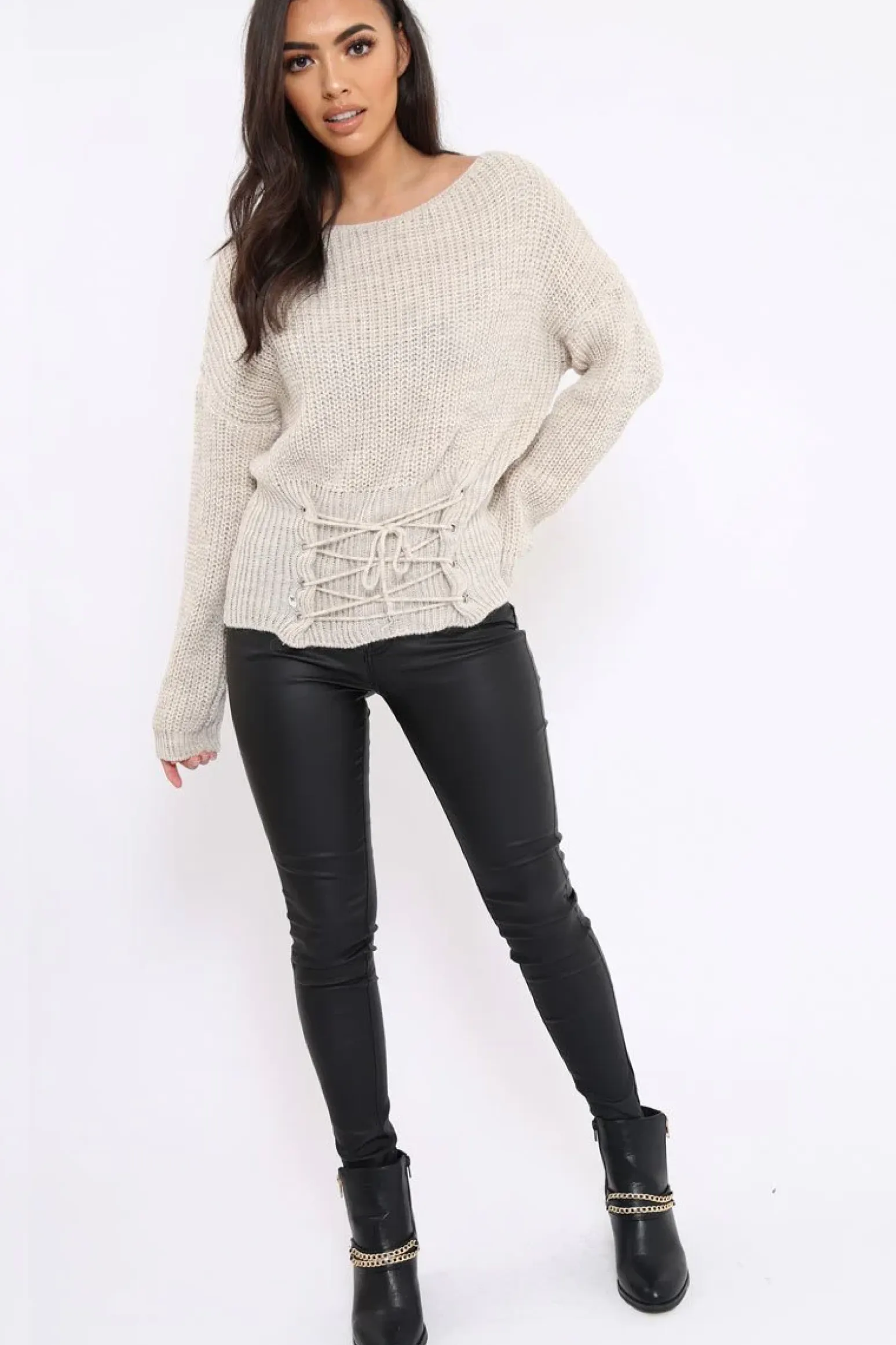 Rebellious Fashion Beige Corset Waist Knitted Jumper - Elizabeth