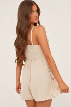 Rebellious Fashion Beige Cowl Neck Tiered Playsuit - Arden