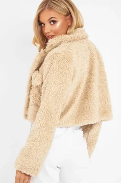 Rebellious Fashion Beige Cropped Borg Popper Button Coat - Ezmerelda
