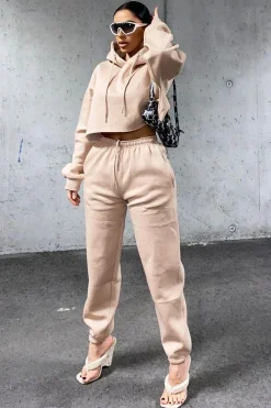 Rebellious Fashion Beige Cropped Oversized Hoodie and Joggers Co-ord - Karenza