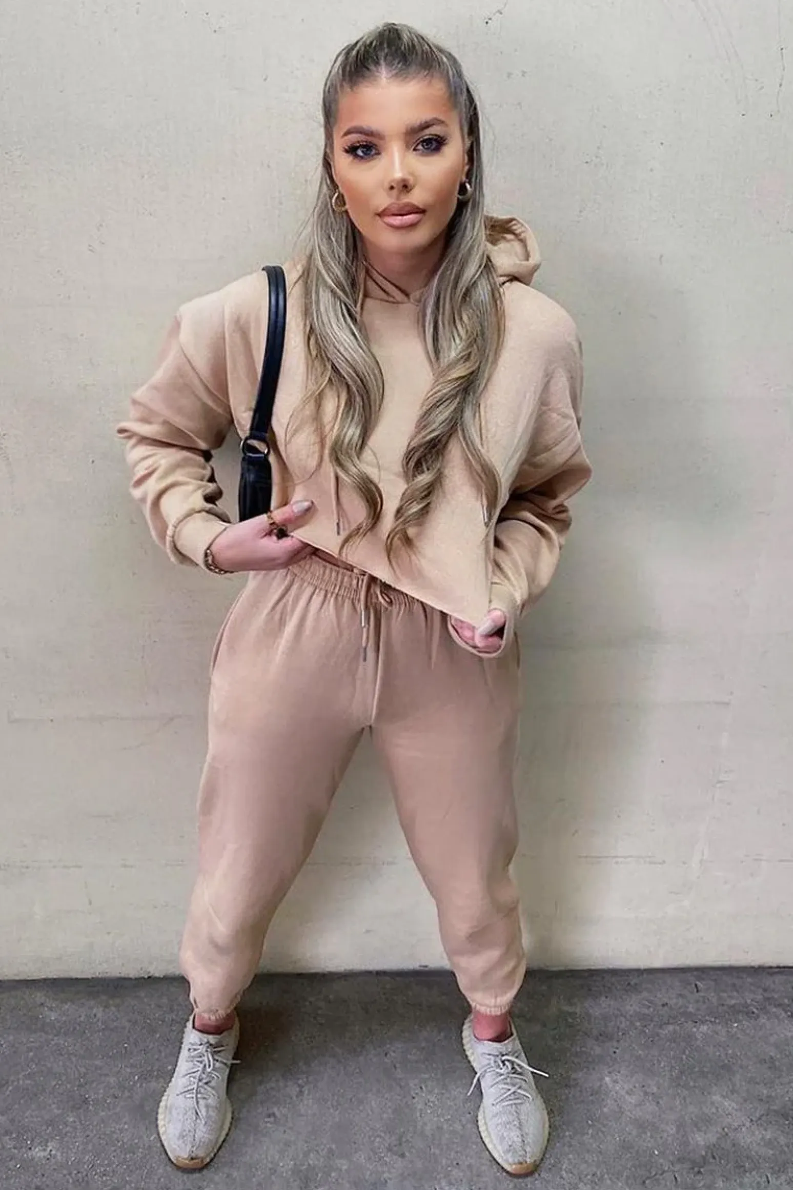 Rebellious Fashion Beige Cropped Oversized Hoodie and Joggers Co-ord - Karenza