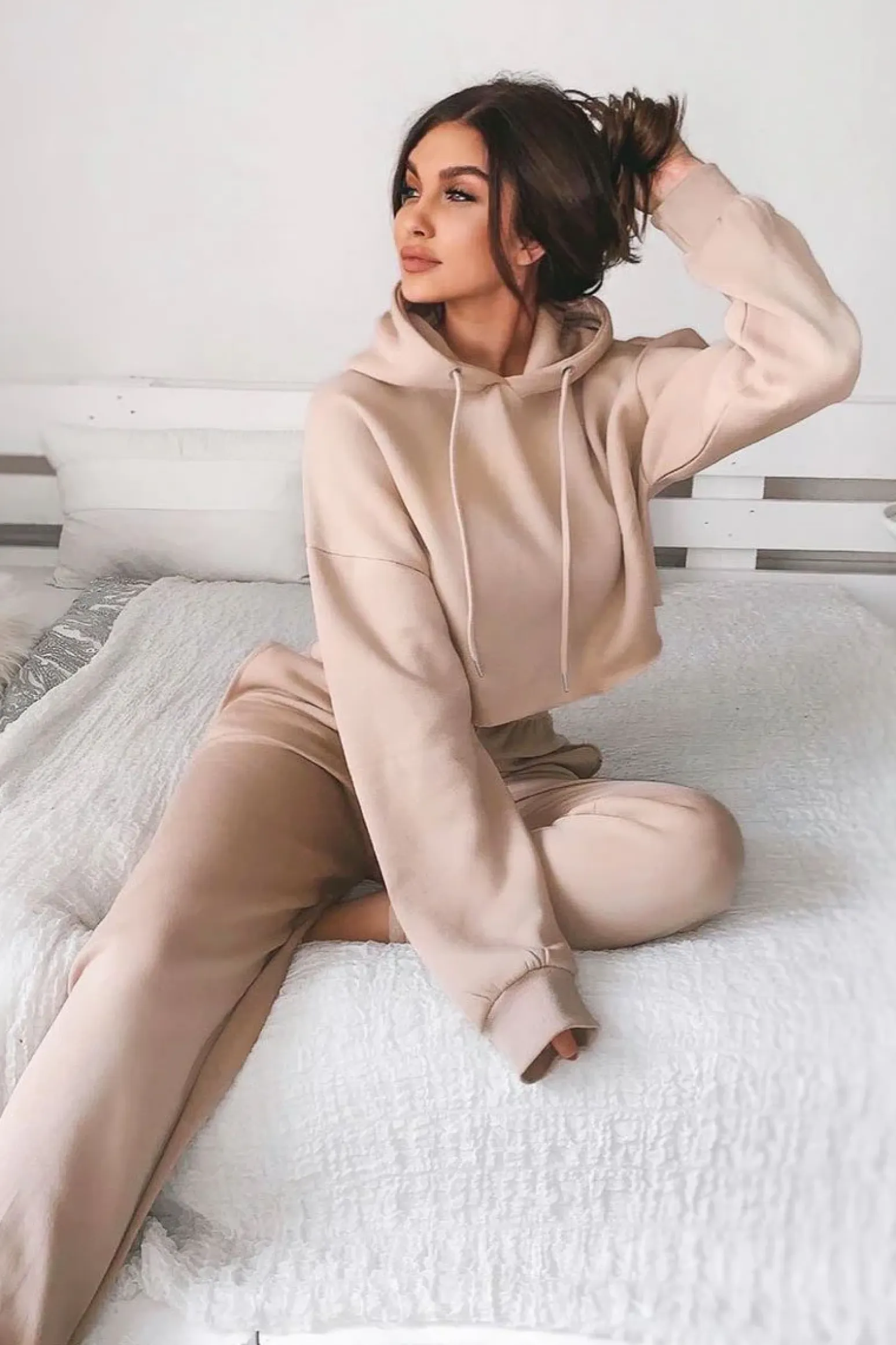Rebellious Fashion Beige Cropped Oversized Hoodie and Joggers Co-ord - Karenza