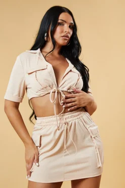 Rebellious Fashion Beige Cropped Top & Cargo Skirt Co-ord Set - Rose