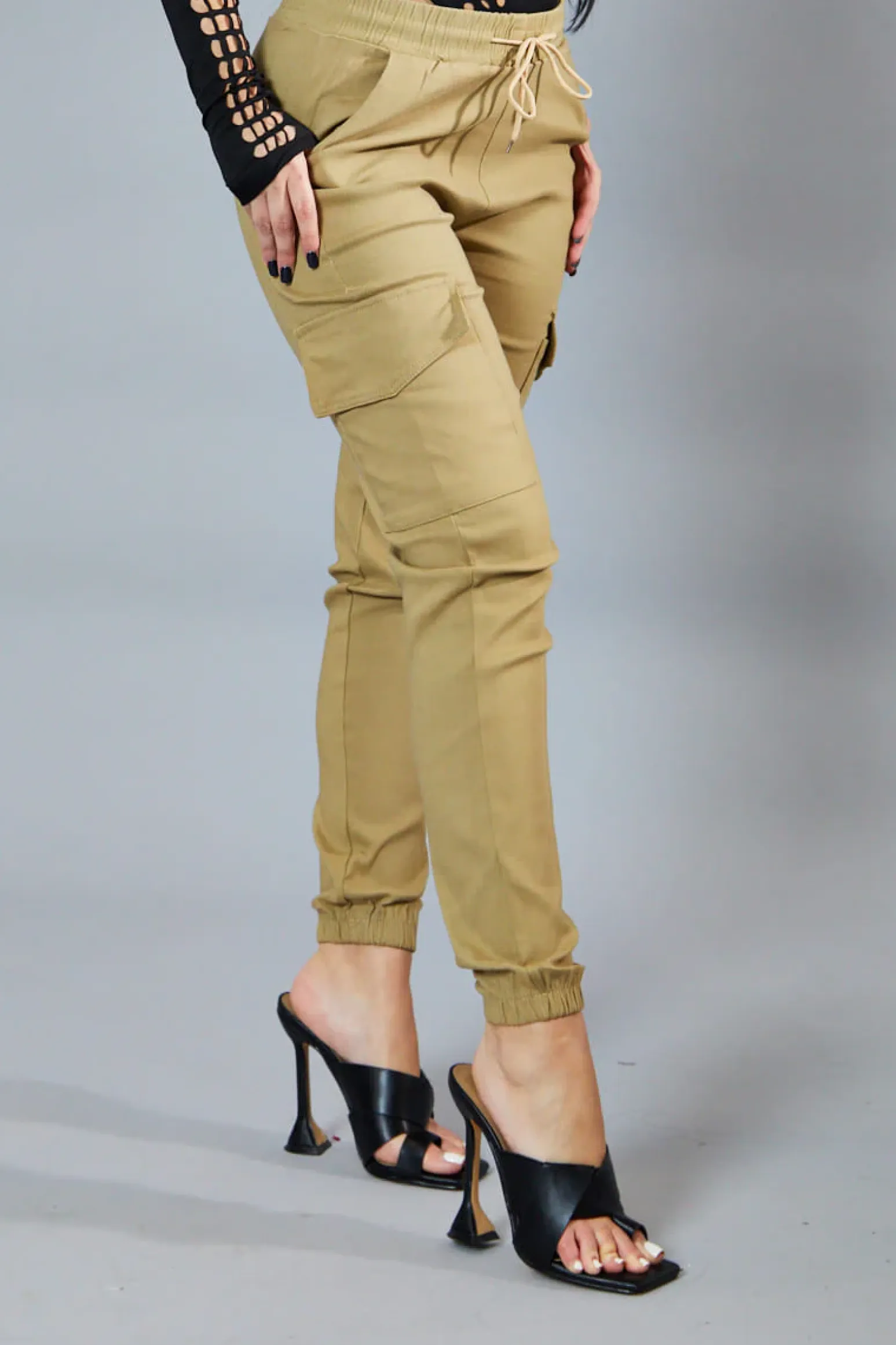 Rebellious Fashion Beige Cuffed Hem Cargo Trousers - Rain