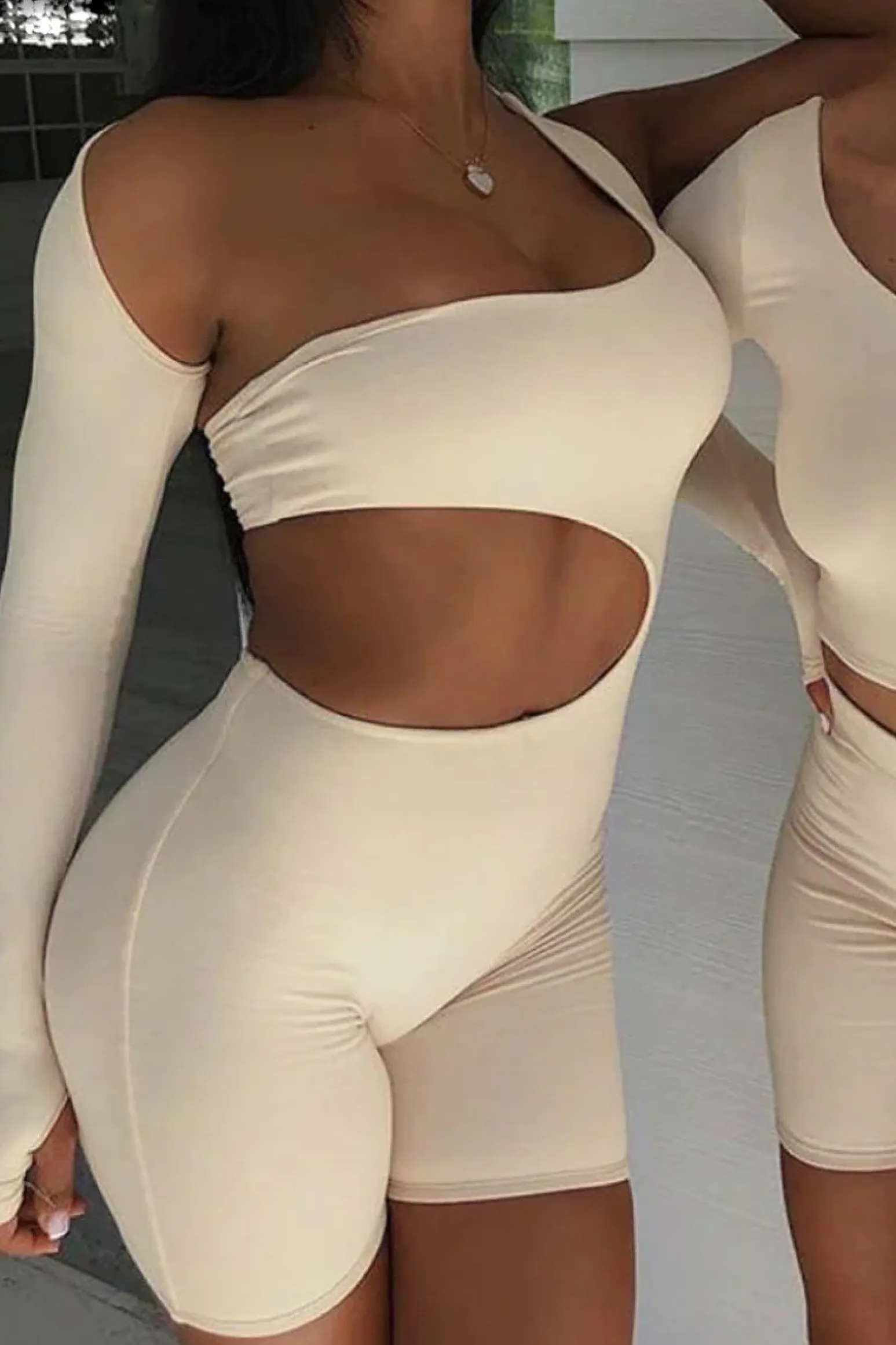 Rebellious Fashion Beige Cut Out One Sleeve Playsuit - River