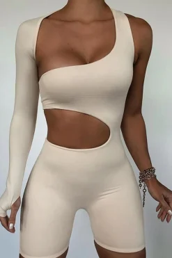 Rebellious Fashion Beige Cut Out One Sleeve Playsuit - River