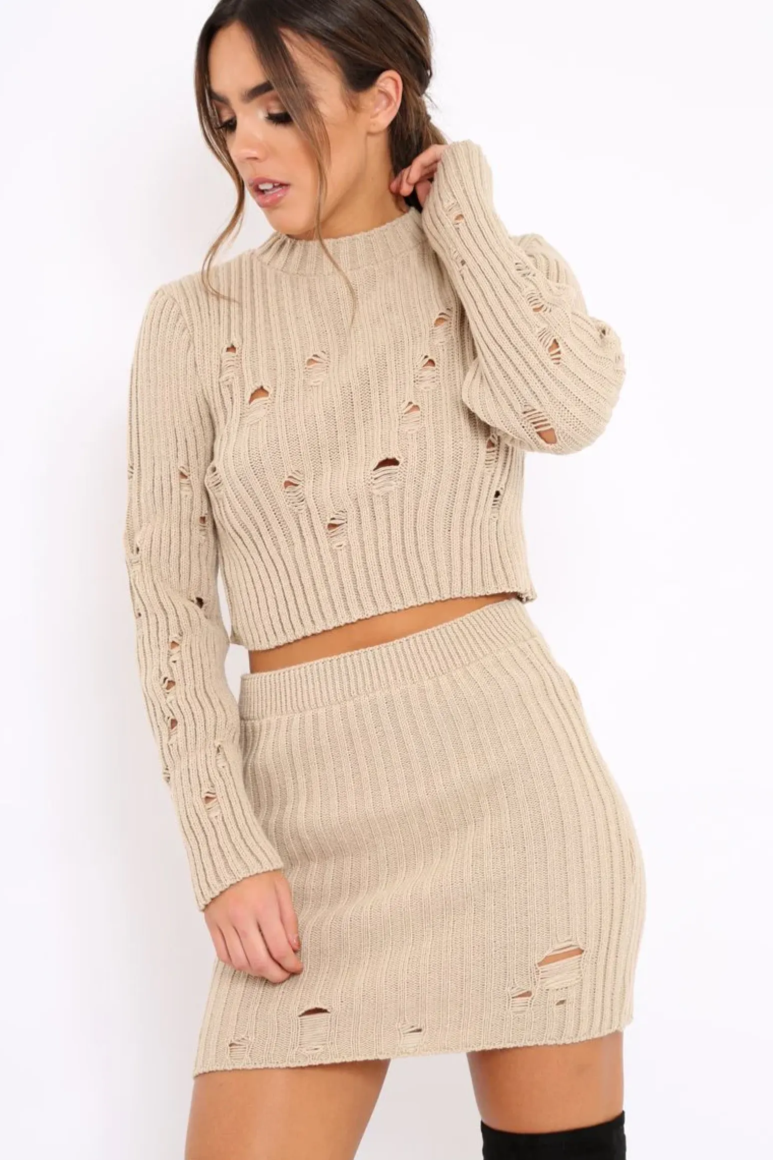 Rebellious Fashion Beige Distressed Cable Knit Co-ord - Dayla