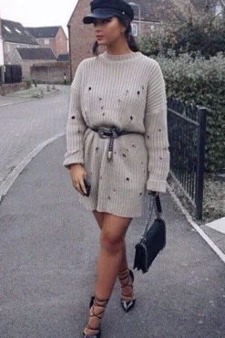 Rebellious Fashion Beige Distressed Cable Knit Jumper Dress - Abea