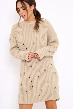 Rebellious Fashion Beige Distressed Cable Knit Jumper Dress - Abea